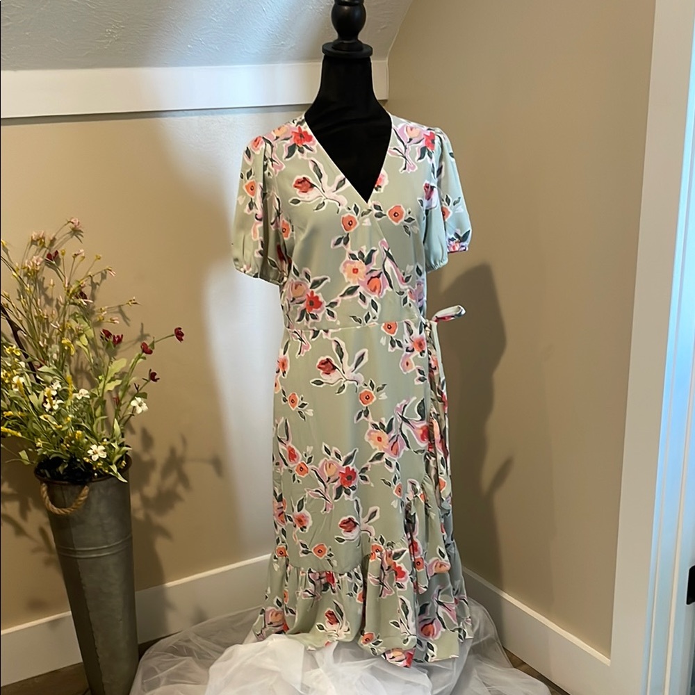 LC Lauren Conrad Floral Midi Dress in Green and Pink